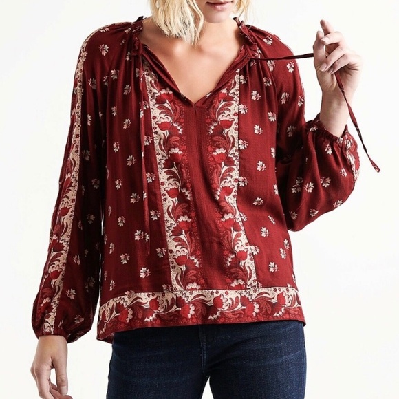 Lucky Brand | Floral Print Burgundy Peasant TopNWT - Picture 2 of 8